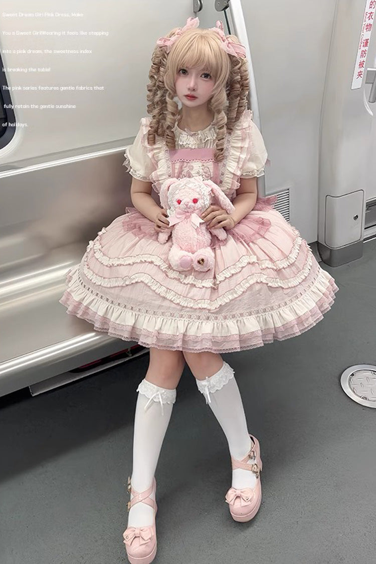 Lolita Jumper Skirt - Rabbit Print, Pink, Bow Detail, Lace Trim, Ruffled - additional product view 8