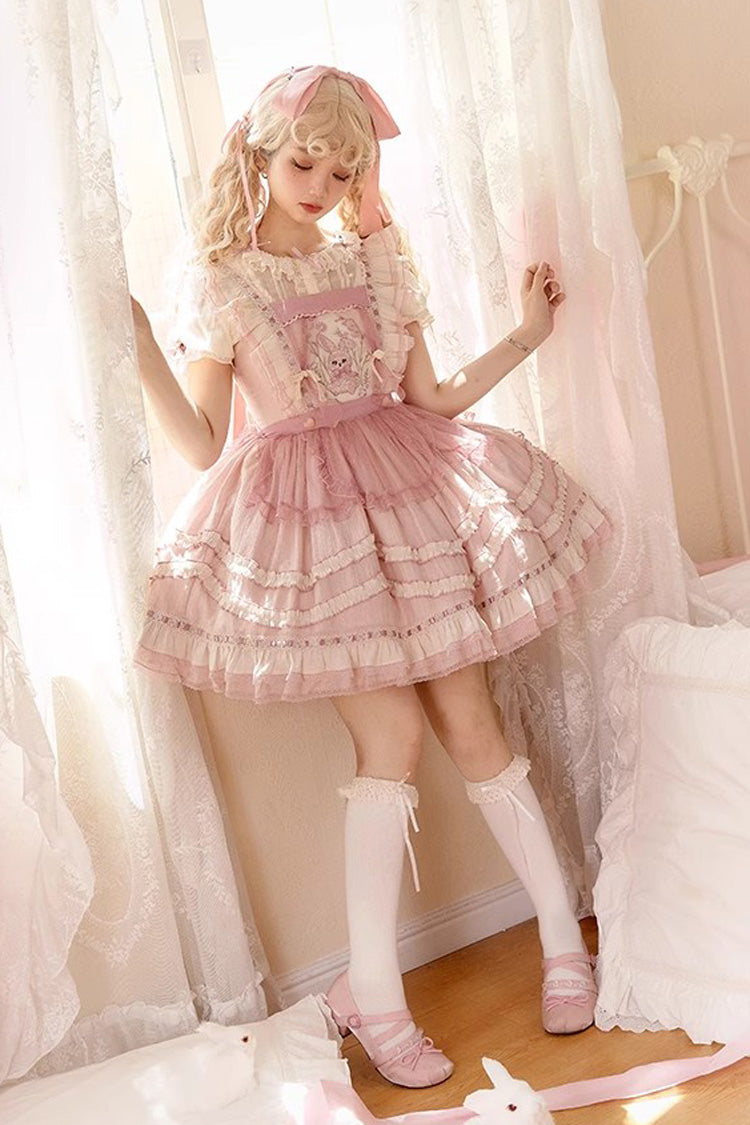 Lolita Jumper Skirt - Rabbit Print, Pink, Bow Detail, Lace Trim, Ruffled - main product image