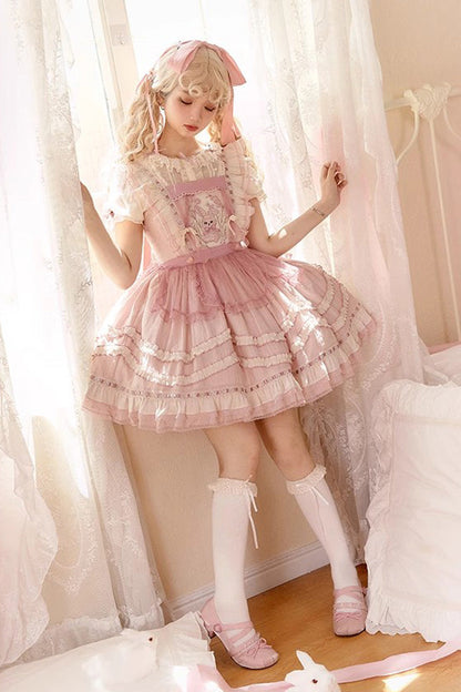 Lolita Jumper Skirt - Rabbit Print, Pink, Bow Detail, Lace Trim, Ruffled - main product image