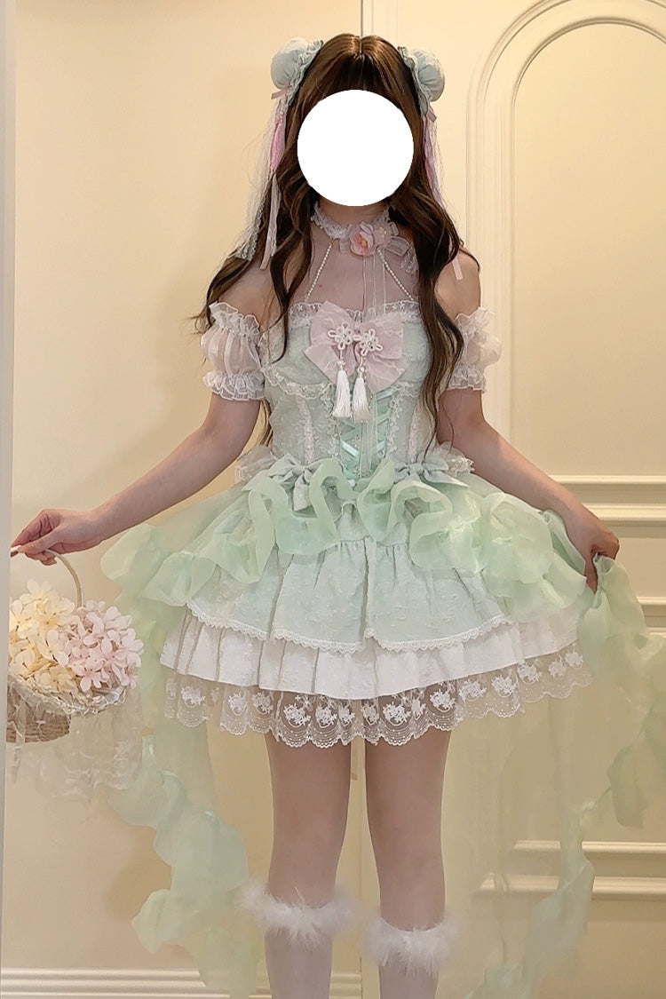 Lolita Jumper Skirt - Rain And Flowers, Green, Sweet Style, Bow Detail, Lace Trim - additional product view 2