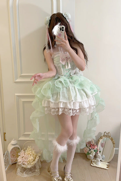 Lolita Jumper Skirt - Rain And Flowers, Green, Sweet Style, Bow Detail, Lace Trim - additional product view 3