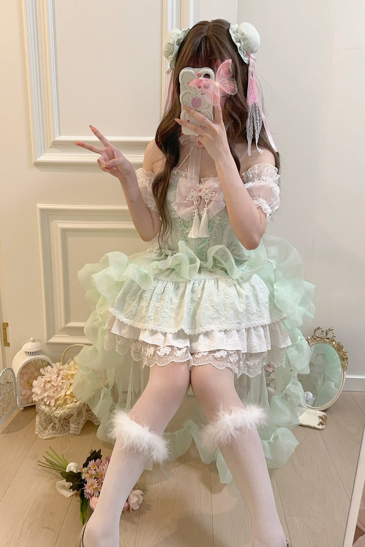 Lolita Jumper Skirt - Rain And Flowers, Green, Sweet Style, Bow Detail, Lace Trim - additional product view 4
