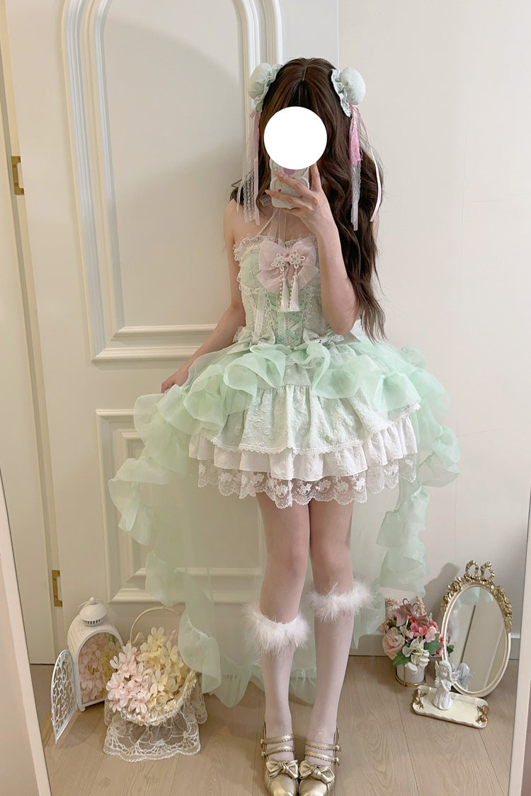 Lolita Jumper Skirt - Rain And Flowers, Green, Sweet Style, Bow Detail, Lace Trim - additional product view 5