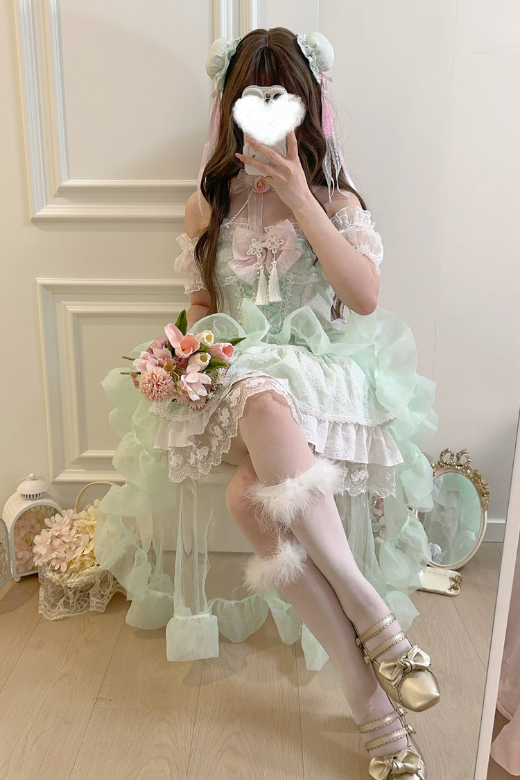 Lolita Jumper Skirt - Rain And Flowers, Green, Sweet Style, Bow Detail, Lace Trim - additional product view 6