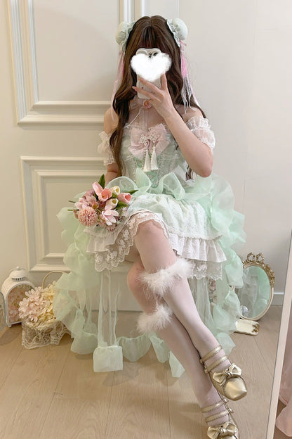 Lolita Jumper Skirt - Rain And Flowers, Green, Sweet Style, Bow Detail, Lace Trim - additional product view 6