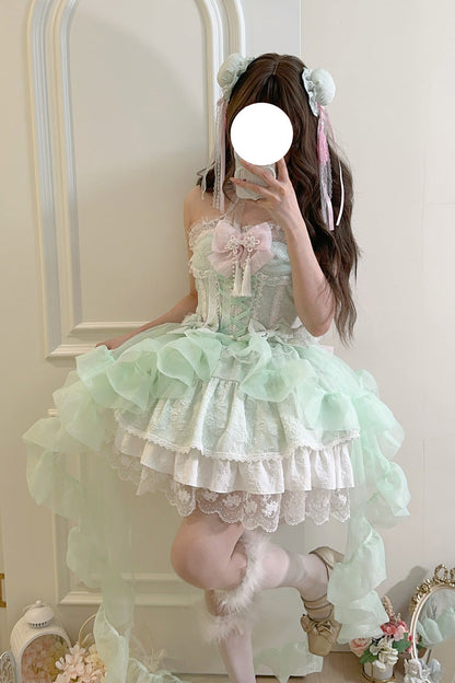 Lolita Jumper Skirt - Rain And Flowers, Green, Sweet Style, Bow Detail, Lace Trim - main product image