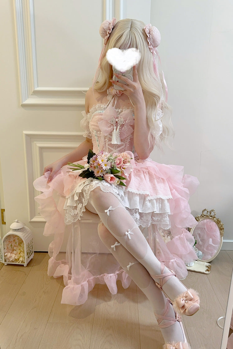 Lolita Jumper Skirt - Rain And Flowers, Pink, Halterneck, Sweet Style, Bow Detail - additional product view 2