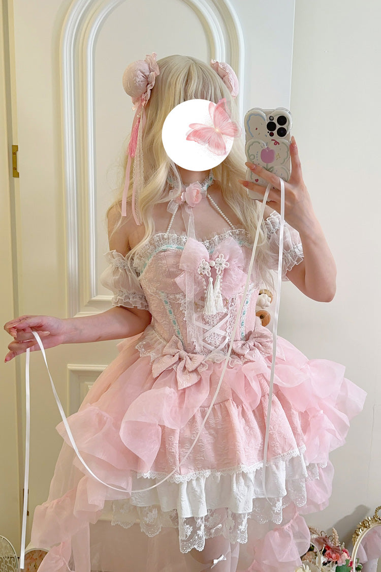 Lolita Jumper Skirt - Rain And Flowers, Pink, Halterneck, Sweet Style, Bow Detail - additional product view 4