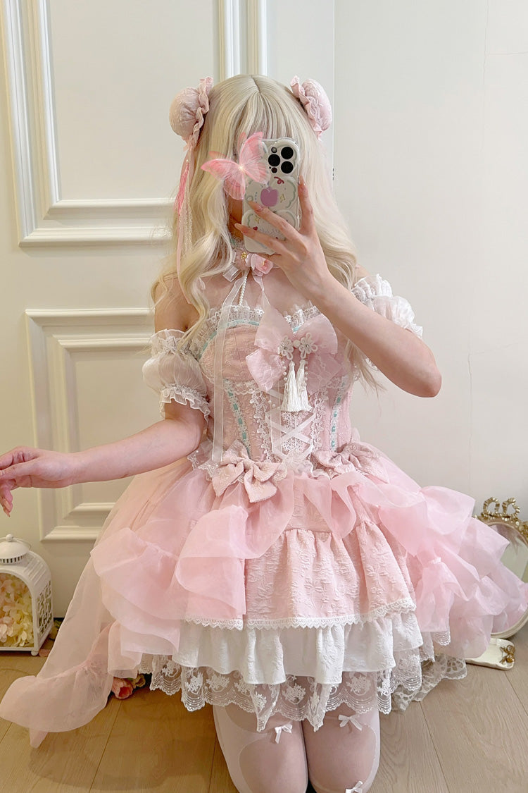 Lolita Jumper Skirt - Rain And Flowers, Pink, Halterneck, Sweet Style, Bow Detail - additional product view 5