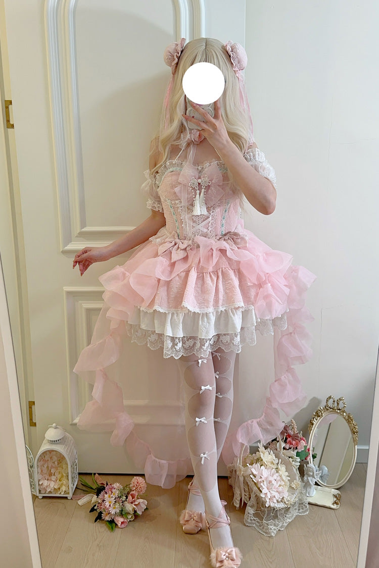 Lolita Jumper Skirt - Rain And Flowers, Pink, Halterneck, Sweet Style, Bow Detail - additional product view 6