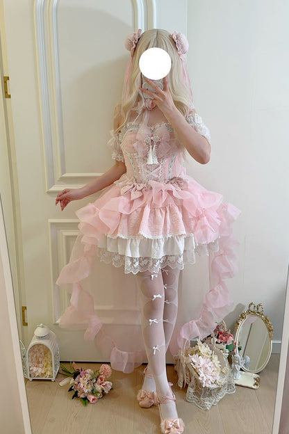 Lolita Jumper Skirt - Rain And Flowers, Pink, Halterneck, Sweet Style, Bow Detail - additional product view 6