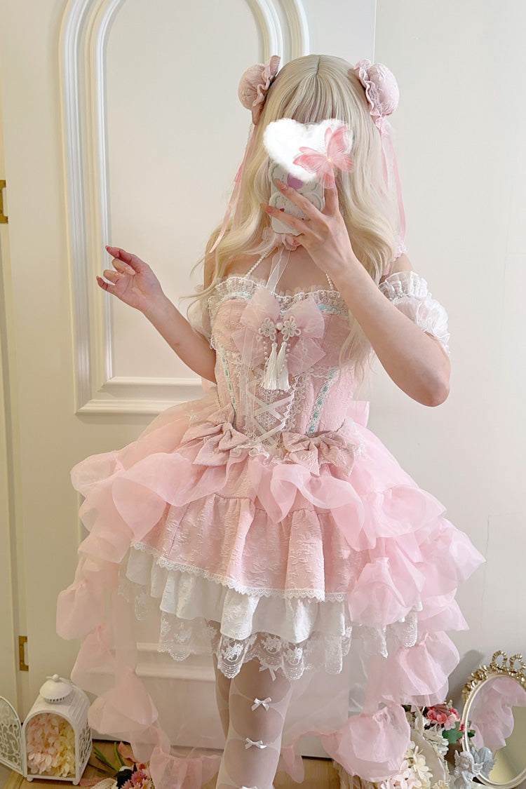 Lolita Jumper Skirt - Rain And Flowers, Pink, Halterneck, Sweet Style, Bow Detail - main product image