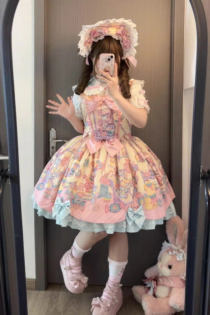 Lolita Jumper Skirt - Rainbow Buffy Bunny, Yellow, Sweet Style, Bow Detail, Ruffled - additional product view 2