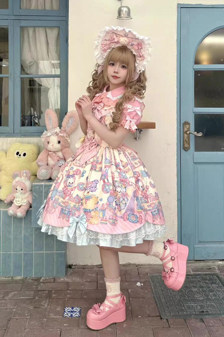 Lolita Jumper Skirt - Rainbow Buffy Bunny, Yellow, Sweet Style, Bow Detail, Ruffled - additional product view 3