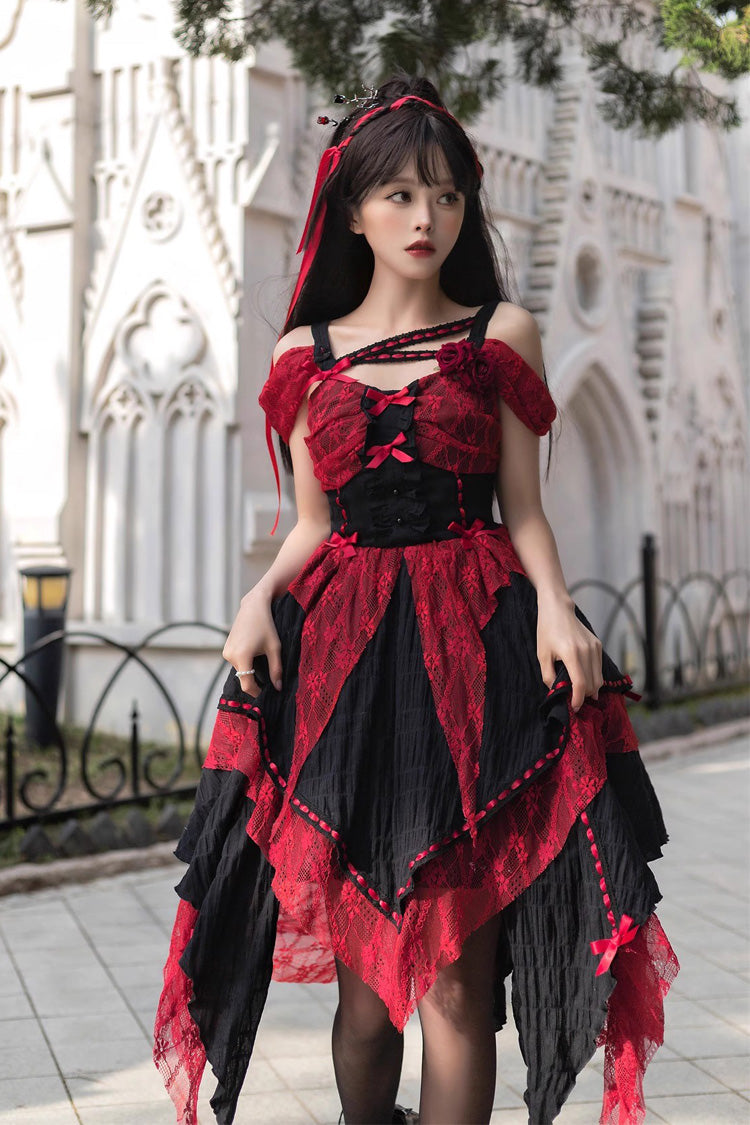 Lolita Jumper Skirt - Red/black, 2 Colors, High Waist, Printed, Gothic Style - additional product view 2