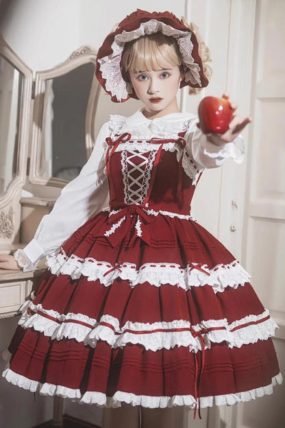 Lolita Jumper Skirt - Red/white, 2 Colors, Sweet Style, Bow Detail - main product image