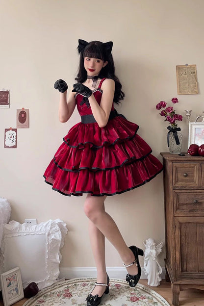 Lolita Jumper Skirt - Rose Contrast Color Large Swing, 3 Colors, Layered, Gothic Style - S Red / M Red / L Red option