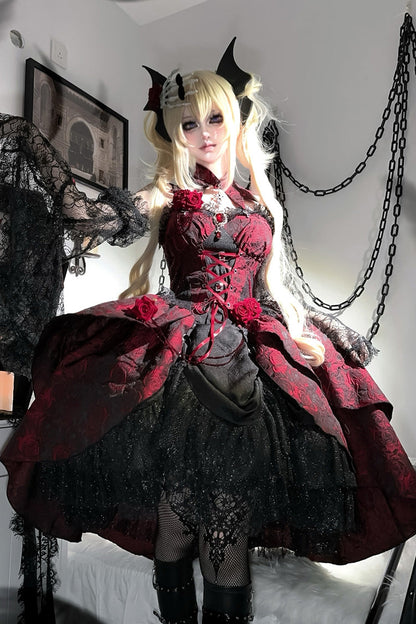 Lolita Jumper Skirt - Rose Dish, Red, Gothic Style, Bow Detail, Lace Trim - additional product view 2