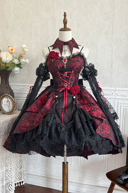 Lolita Jumper Skirt - Rose Dish, Red, Gothic Style, Bow Detail, Lace Trim - additional product view 3