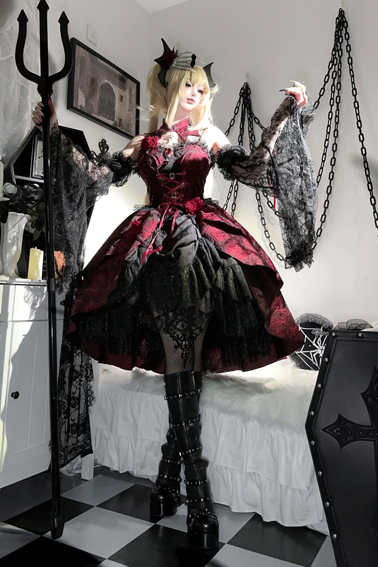 Lolita Jumper Skirt - Rose Dish, Red, Gothic Style, Bow Detail, Lace Trim - additional product view 4