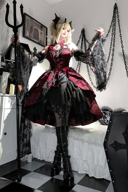 Lolita Jumper Skirt - Rose Dish, Red, Gothic Style, Bow Detail, Lace Trim - additional product view 4
