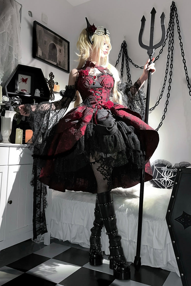 Lolita Jumper Skirt - Rose Dish, Red, Gothic Style, Bow Detail, Lace Trim - additional product view 5
