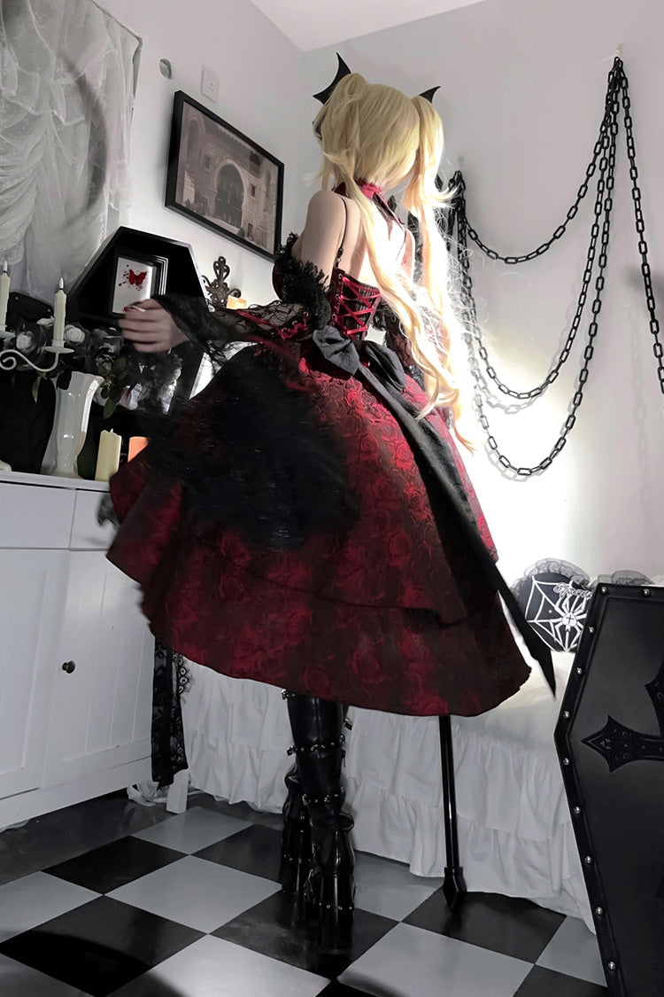 Lolita Jumper Skirt - Rose Dish, Red, Gothic Style, Bow Detail, Lace Trim - additional product view 6