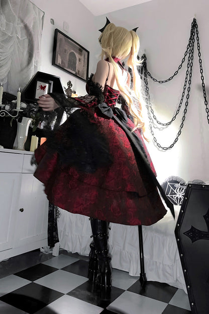 Lolita Jumper Skirt - Rose Dish, Red, Gothic Style, Bow Detail, Lace Trim - additional product view 6