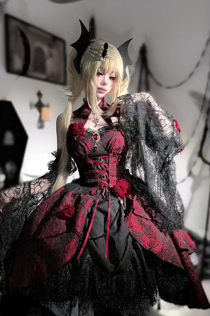 Lolita Jumper Skirt - Rose Dish, Red, Gothic Style, Bow Detail, Lace Trim - additional product view 7
