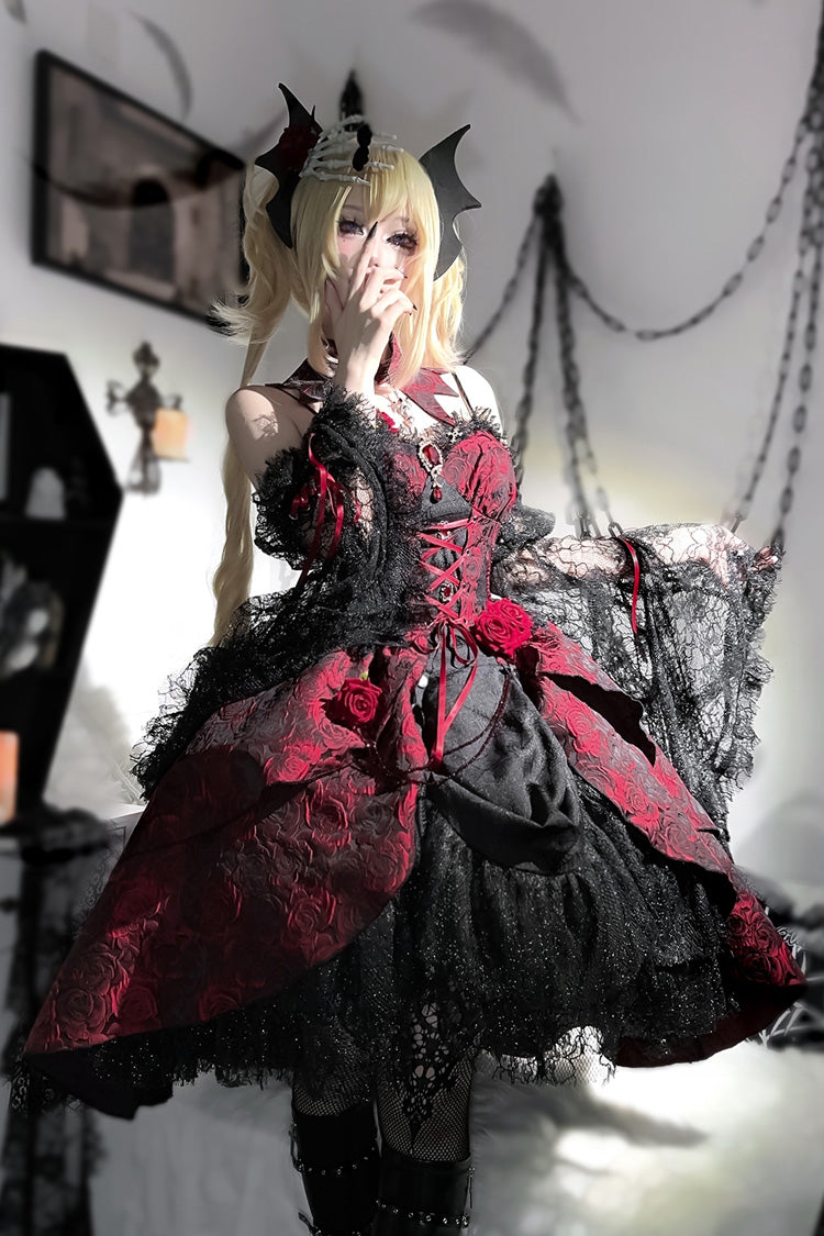 Lolita Jumper Skirt - Rose Dish, Red, Gothic Style, Bow Detail, Lace Trim - additional product view 8