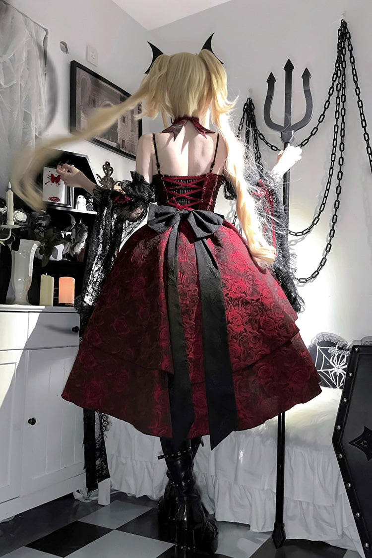 Lolita Jumper Skirt - Rose Dish, Red, Gothic Style, Bow Detail, Lace Trim - additional product view 9