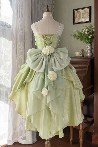 Lolita Jumper Skirt - Rose Heart Knot, Green, Bow Detail, Ruffled, Sweet Style - additional product view 2
