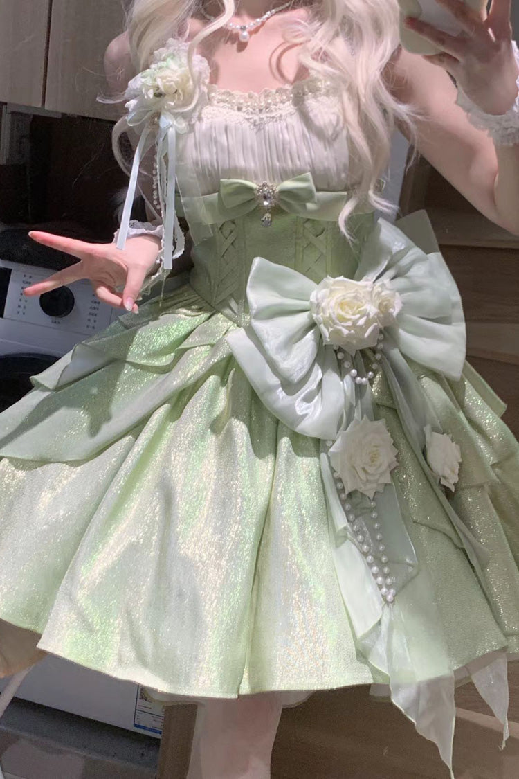 Lolita Jumper Skirt - Rose Heart Knot, Green, Bow Detail, Ruffled, Sweet Style - additional product view 4