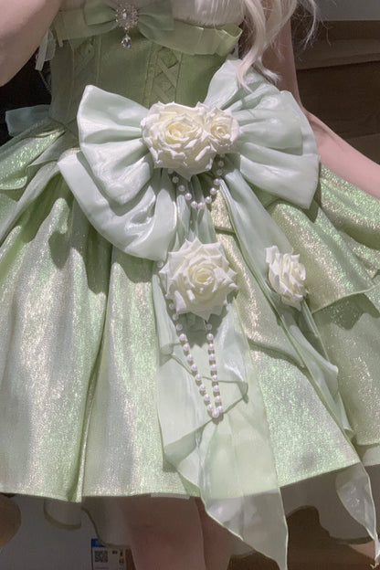 Lolita Jumper Skirt - Rose Heart Knot, Green, Bow Detail, Ruffled, Sweet Style - additional product view 5