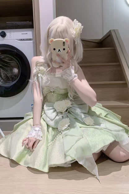 Lolita Jumper Skirt - Rose Heart Knot, Green, Bow Detail, Ruffled, Sweet Style - additional product view 6