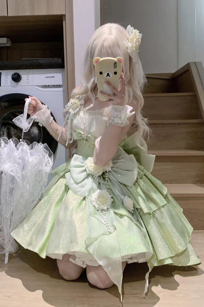 Lolita Jumper Skirt - Rose Heart Knot, Green, Bow Detail, Ruffled, Sweet Style - additional product view 7
