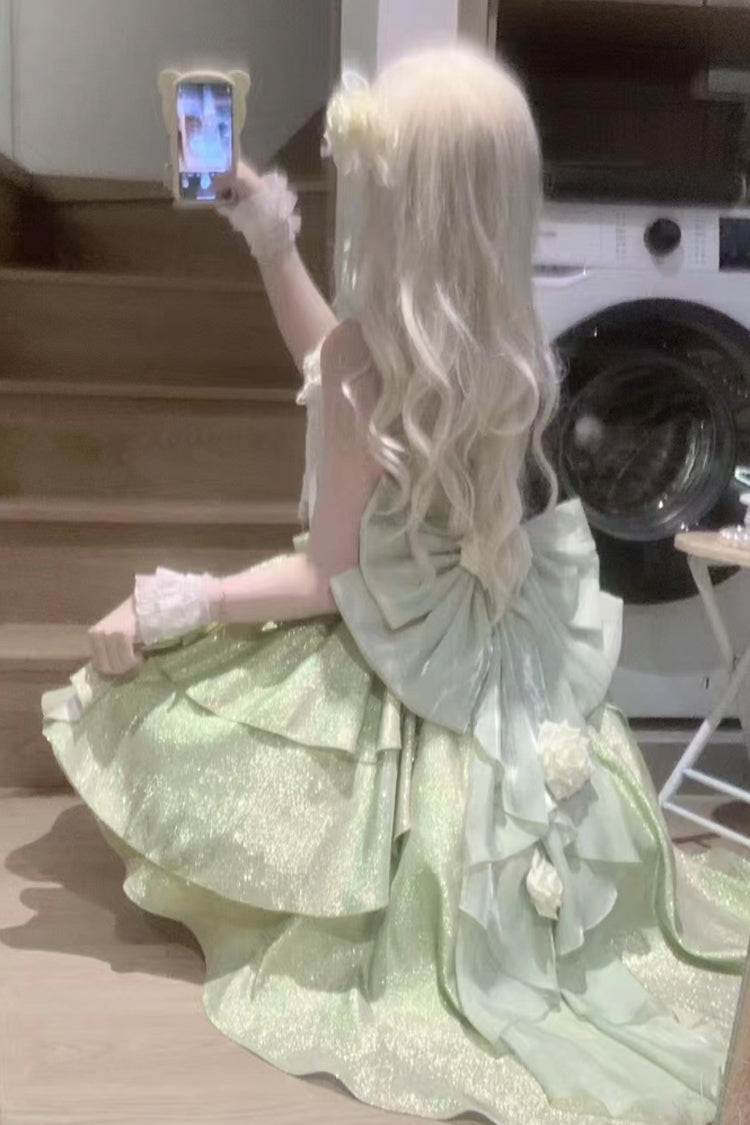 Lolita Jumper Skirt - Rose Heart Knot, Green, Bow Detail, Ruffled, Sweet Style - additional product view 8
