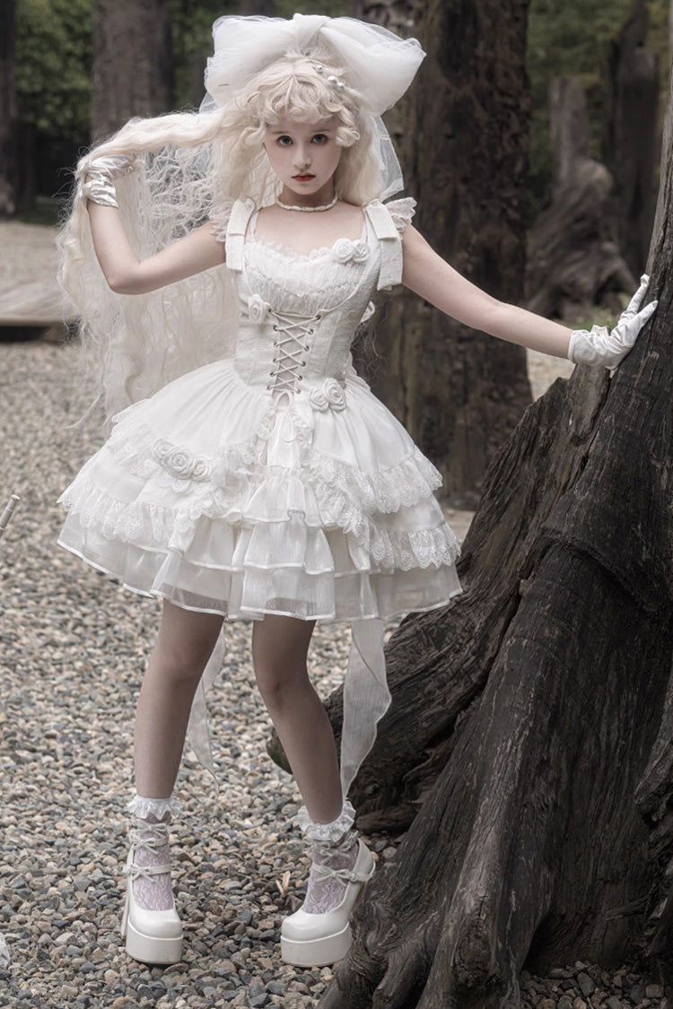 Lolita Jumper Skirt - Rose Multi-layer, White, Gothic Style - Kawaii Layering Dress - additional product view 4