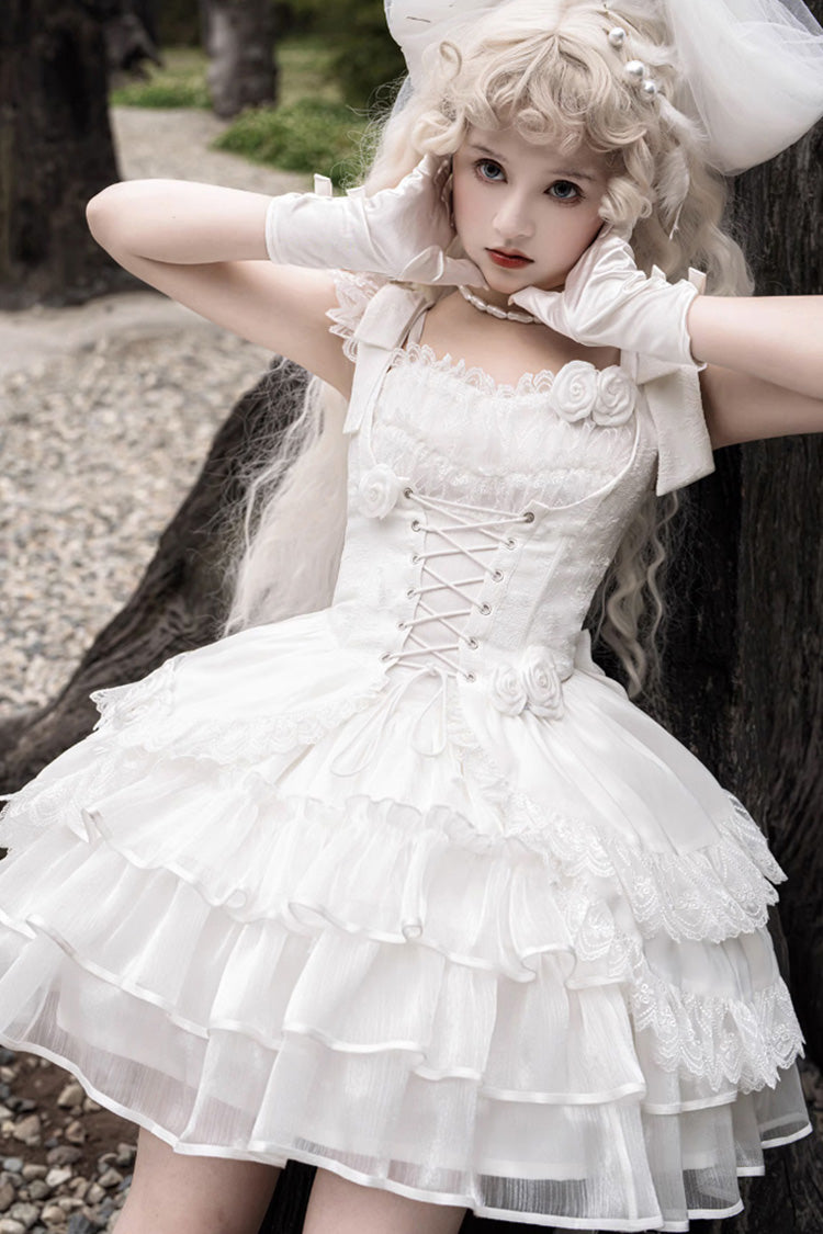 Lolita Jumper Skirt - Rose Multi-layer, White, Gothic Style - Kawaii Layering Dress - additional product view 5