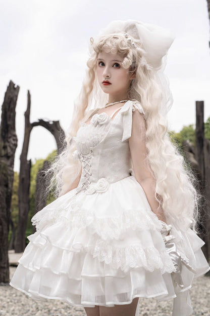 Lolita Jumper Skirt - Rose Multi-layer, White, Gothic Style - Kawaii Layering Dress - additional product view 6