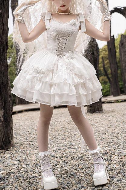 Lolita Jumper Skirt - Rose Multi-layer, White, Gothic Style - Kawaii Layering Dress - main product image