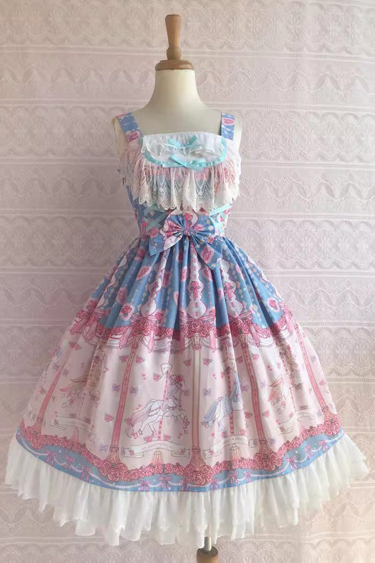 Lolita Jumper Skirt - Rose Trojan Print, 3 Colors, Printed, Sweet Style, Bow Detail - XS Blue/Pink / S Blue/Pink / M Blue/Pink option