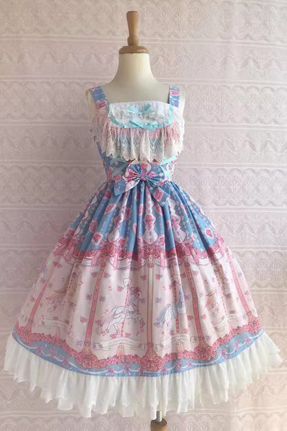 Lolita Jumper Skirt - Rose Trojan Print, 3 Colors, Printed, Sweet Style, Bow Detail - XS Blue/Pink / S Blue/Pink / M Blue/Pink option