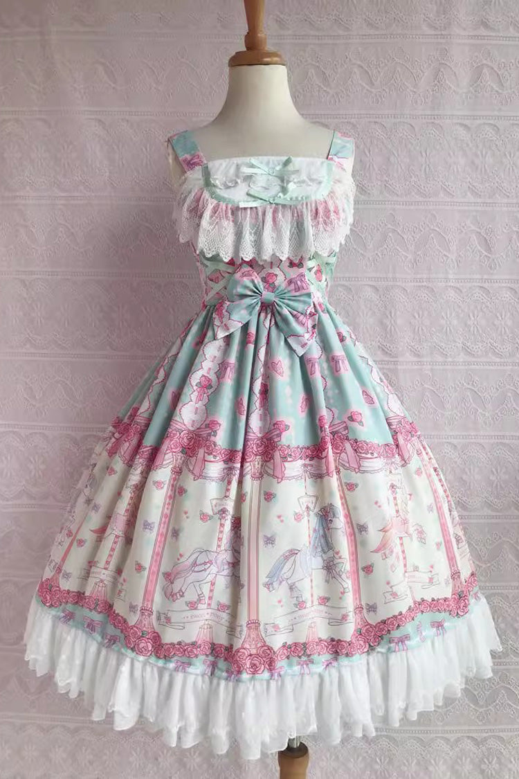 Lolita Jumper Skirt - Rose Trojan Print, 3 Colors, Printed, Sweet Style, Bow Detail - XS Green/Pink / S Green/Pink / M Green/Pink option