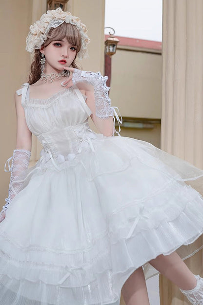 Lolita Jumper Skirt - Ruffle Sleeping Garden Hanayome, White, Bow Detail, Ruffled - additional product view 4
