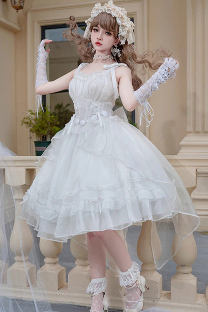Lolita Jumper Skirt - Ruffle Sleeping Garden Hanayome, White, Bow Detail, Ruffled - additional product view 5