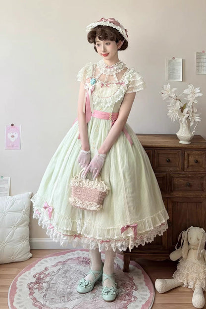 Lolita Jumper Skirt - Sakura’s Spring Resonance, Green, Long Version, Long Length - main product image
