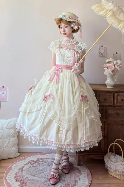 Lolita Jumper Skirt - Sakura’s Spring Resonance, Yellow, Long Version, Long Length - main product image