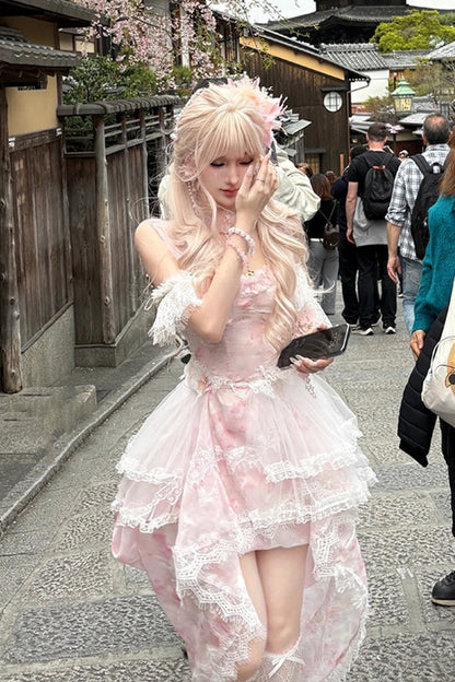 Lolita Jumper Skirt - Sakura Trio, Pink, Ruffled, Layered, Sweet Style - main product image