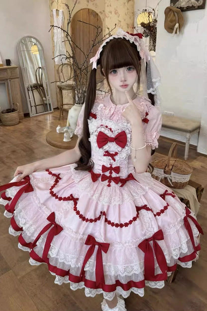 Lolita Jumper Skirt - Scarlet Heart Cocoa, 2 Colors, Bow Detail, Lace Trim, Ruffled - additional product view 2